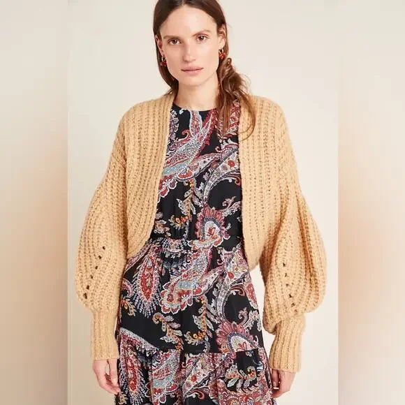 ANTHROPOLOGIE Rae Cropped Cardigan Tan Chunky Knit Sweater Oversized Size Small - Picture 3 of 11